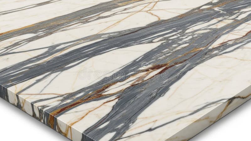 A polished slab of marble featuring a complex pattern of veining in shades of gray rust and gold against a creamy white background. The surface appears smooth and glossy indicating high quality craftsmanship. The veins create an abstract flowing design characteristic of natural marble often used in interior design for countertops flooring or wall cladding. The interplay of colors and lines evokes a sense of elegance and sophistication typical of luxurious architectural materials. Rust shades illustrations