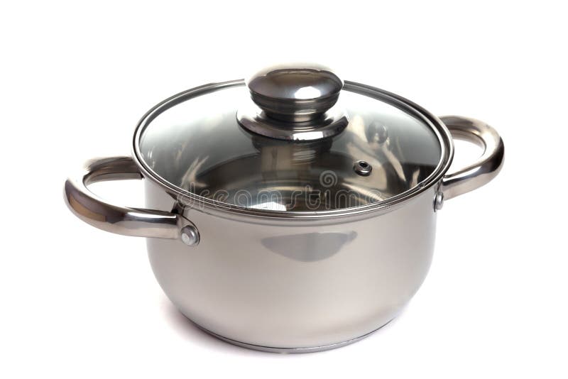 Shiny stainless steel soup pot, covered a lid transparent glass