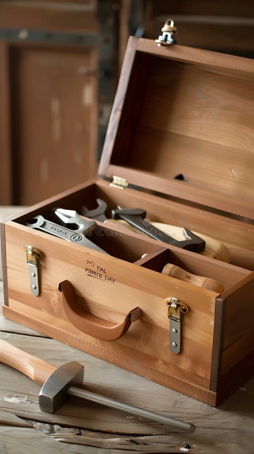 Polished Wooden Toolbox With Assorted Woodworking Tools Sturdy And Polished Wooden Toolbox With Assorted Woodworking Tools Sturdy And