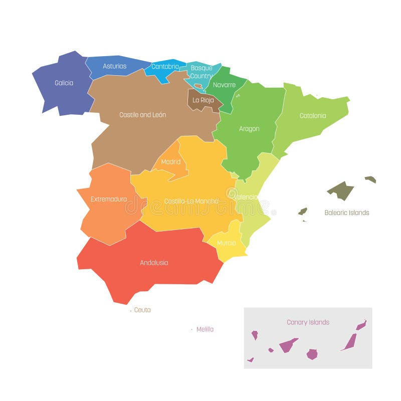 Political divisions of Spain. Map of regional country administrative divisions. Colorful vector illustration vector illustration Political divisions of Spain. Map of regional country administrative divisions. Colorful vector illustration vector illustration