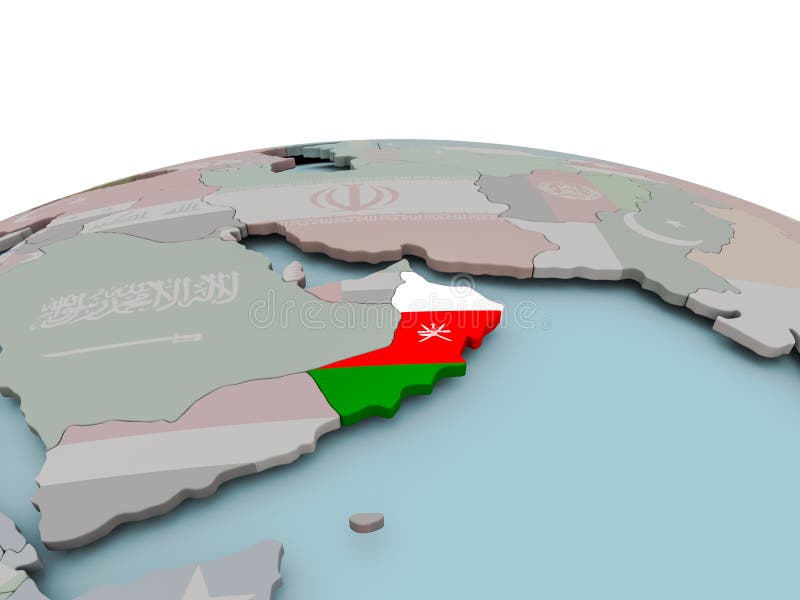 Political map of Oman on globe with flag
