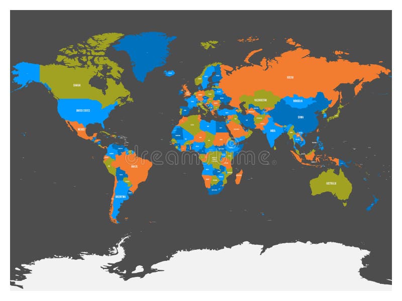Political map of world with Antarctica. Countries in four different colors without borders on dark grey background vector illustration Political map of world with Antarctica. Countries in four different colors without borders on dark grey background vector illustration