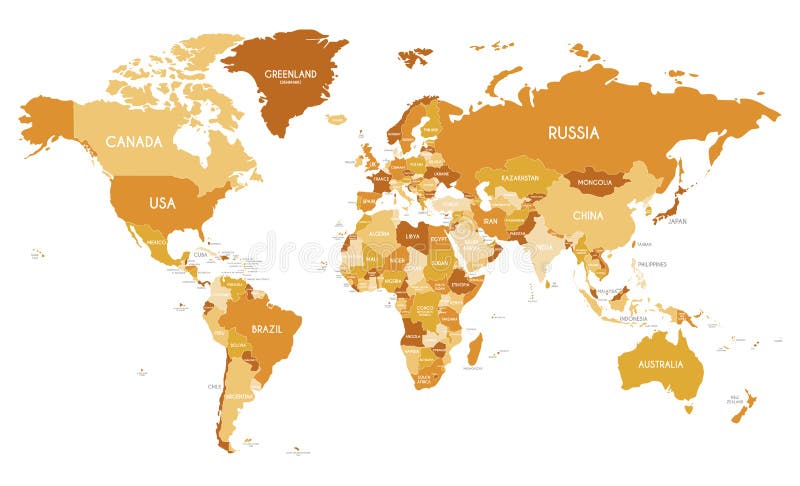 Political World Map vector illustration with different tones of orange for each country. stock illustration Political World Map vector illustration with different tones of orange for each country. stock illustration