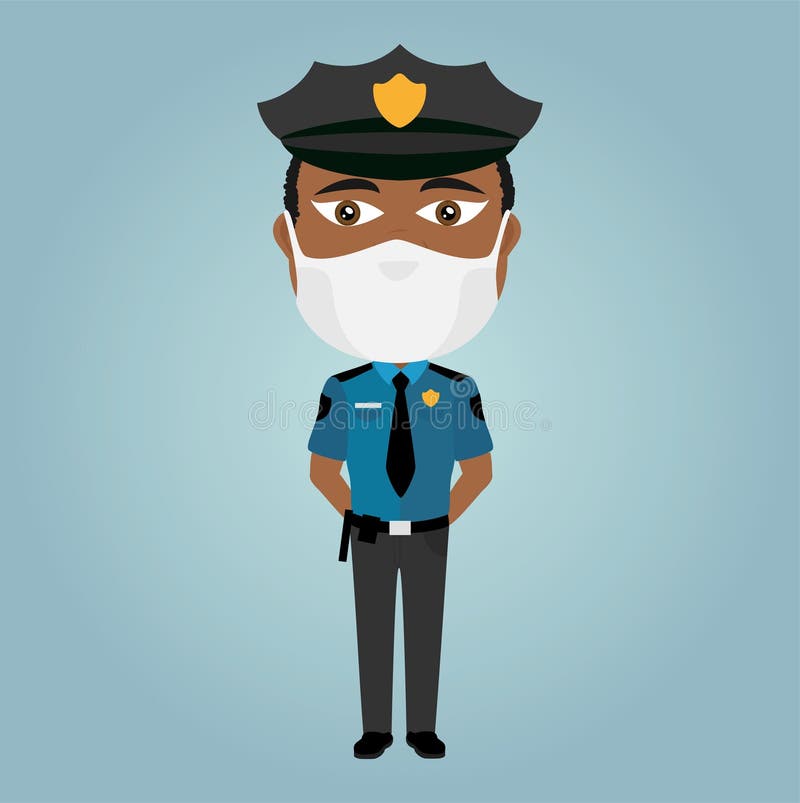 Politieagent mannelijk zwart met virusmaskerhanden achter de rug met blauwe shirt gele badge zwarte broek en hoed