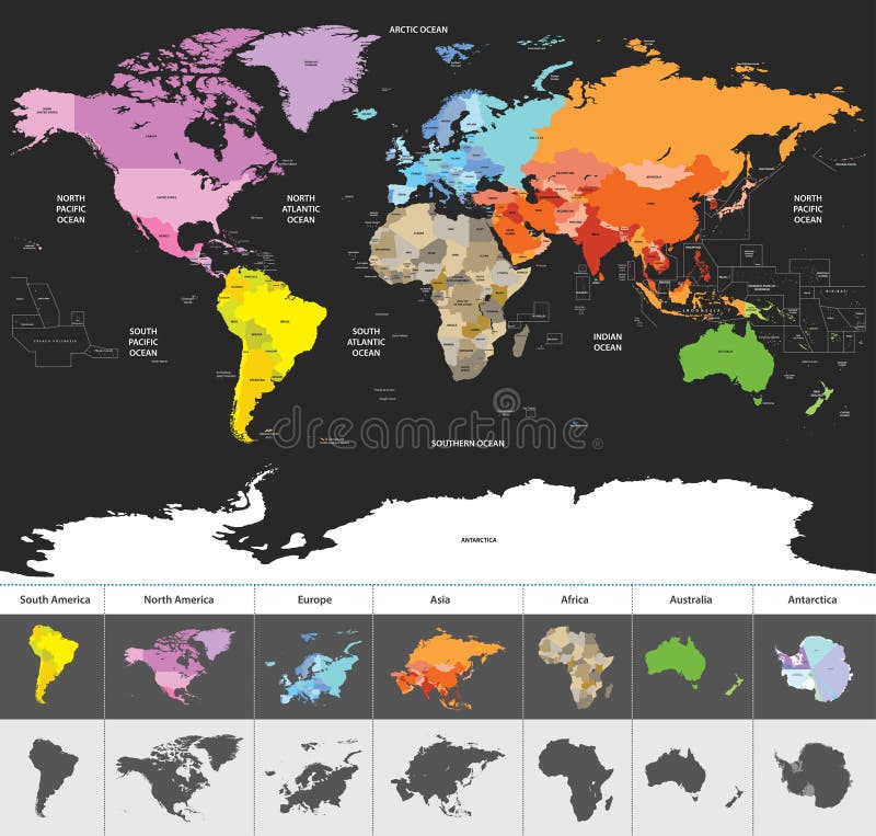 Politieke die wereldkaart van de wereld door continenten wordt gekleurd