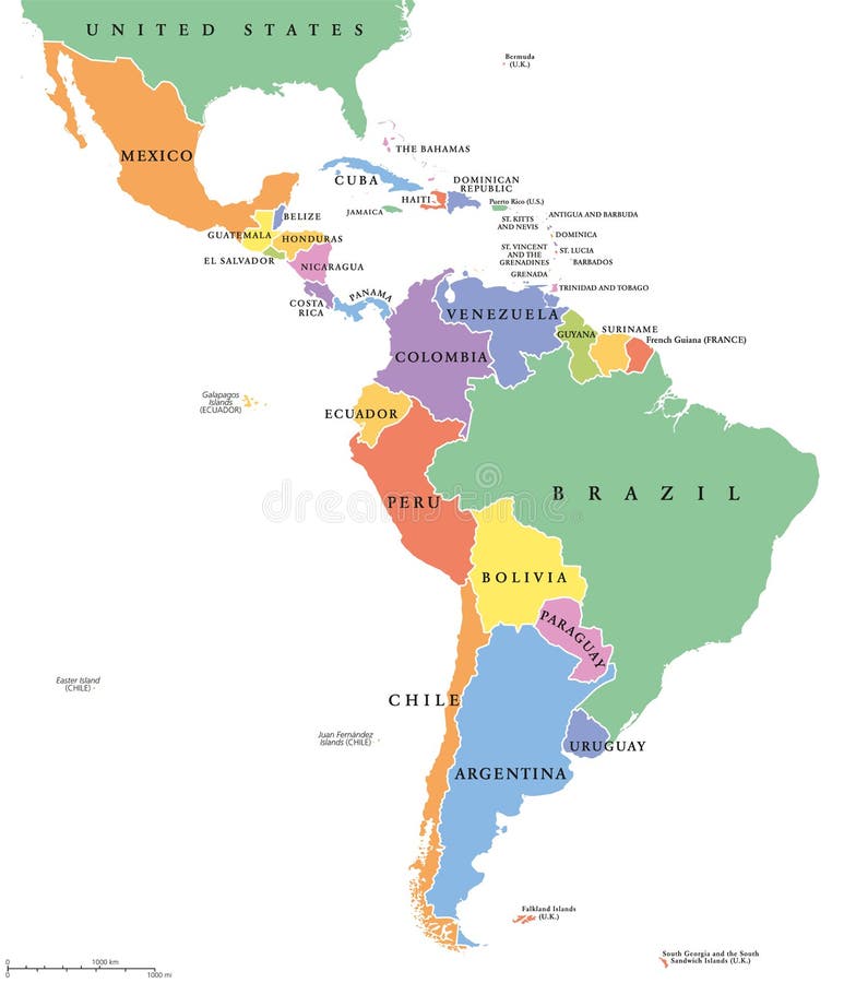 Politieke kaart van de staten van Latijns Amerika de enige