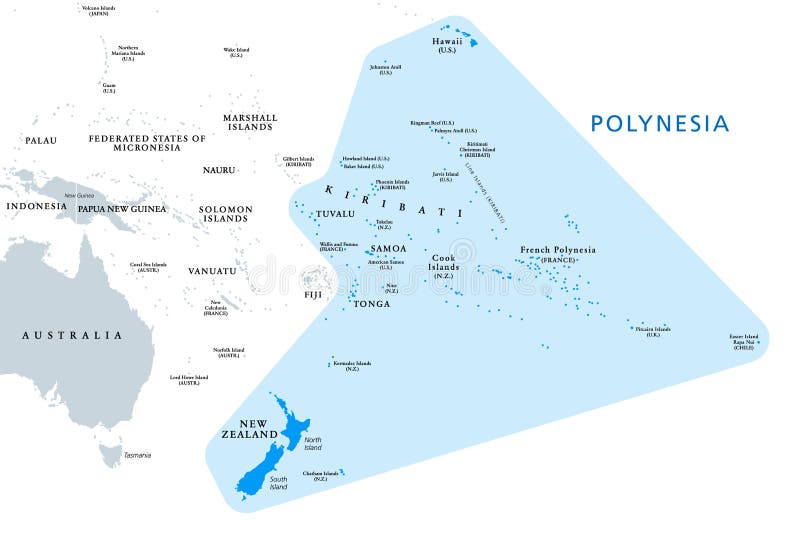 Politieke kaart van de subregio polynesie in oceanië