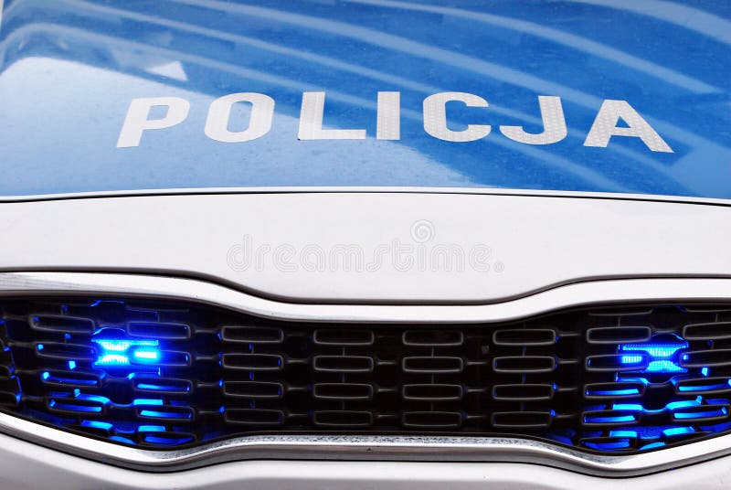 Politiewagen, met volledige serie van lichten Zie uit op een auto stock afbeelding Politiewagen, met volledige serie van lichten Zie uit op een auto stock afbeelding