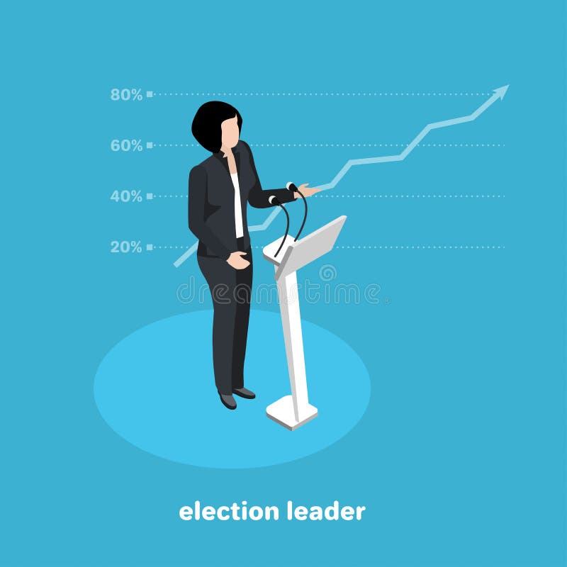 Politically the leader at the rostrum, the leading candidate in the election on a blue background, isometric image. Politically the leader at the rostrum, the leading candidate in the election on a blue background, isometric image