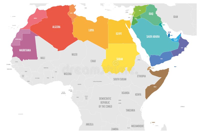 Politische Karte der arabische Weltzustände mit bunt higlighted 22 Arabisch sprechende Länder der arabischen Liga nord
