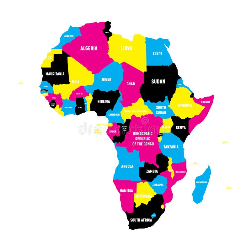Politische Karte von Afrika-Kontinent in CMYK-Farben mit Landesgrenzen und in den Ländernameaufklebern auf weißem Hintergrund stock abbildung Politische Karte von Afrika-Kontinent in CMYK-Farben mit Landesgrenzen und in den Ländernameaufklebern auf weißem Hintergrund stock abbildung