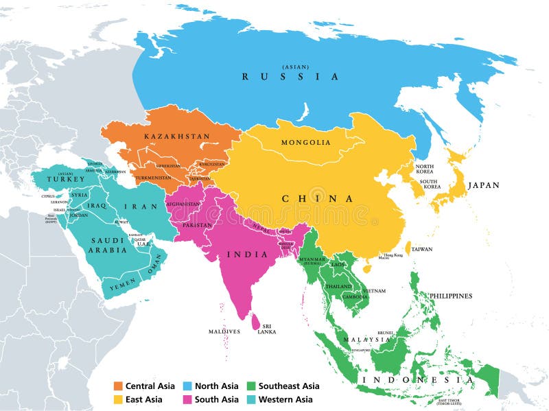Politische Landkarte der Hauptregionen Asiens mit Unterregionen