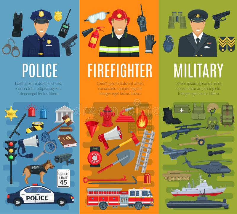 Polizei, Feuerwehrmann und Militärberuffahne vektor abbildung Polizei, Feuerwehrmann und Militärberuffahne vektor abbildung