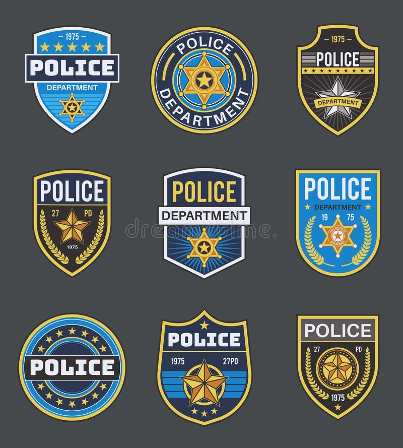 Polizeietikett Polizeiliche Strafverfolgungsabzeichen Sheriff, Marschall- und Ranger-Logo, Polizeisternmedallien, Sicherheit stock abbildung
