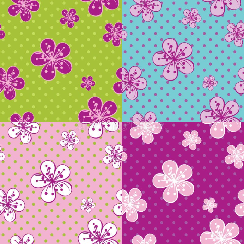 Polka dot Cherry Flowers background.Spring Seamles