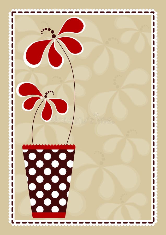 Invitation card with red flowers and a polka dot vase. Shaped gift illustrations