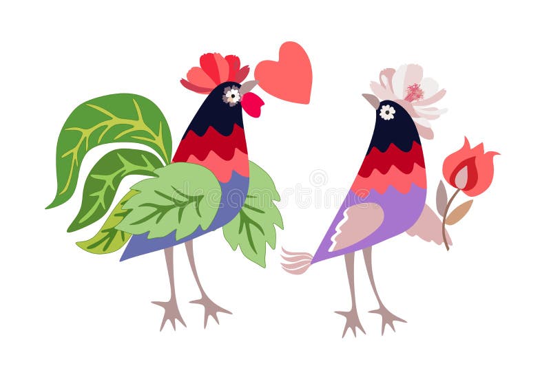 Polli divertenti - coppie romantiche del gallo e della gallina con cuore e del fiore nel vettore Bella carta dell'invito o di sal illustrazione vettoriale Polli divertenti - coppie romantiche del gallo e della gallina con cuore e del fiore nel vettore Bella carta dell'invito o di sal illustrazione vettoriale