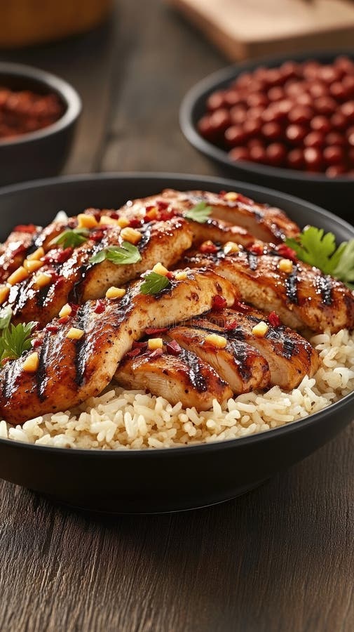 Pollo al horno marrón dorado enclavado en arroz amarillo cremoso con mango fresco una deliciosa combinación para una copiosa y abu. Pollo al horno marrón dorado enclavado en arroz amarillo cremoso con mango fresco una deliciosa combinación para un plato abundante y nutritivo. generado por IA