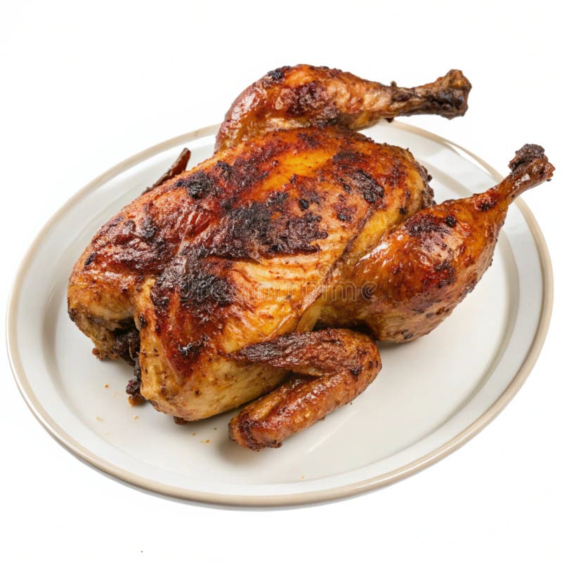 Pollo BBQ su piastra su fondo trasparente. Pollo BBQ su un piatto isolato su fondo trasparente