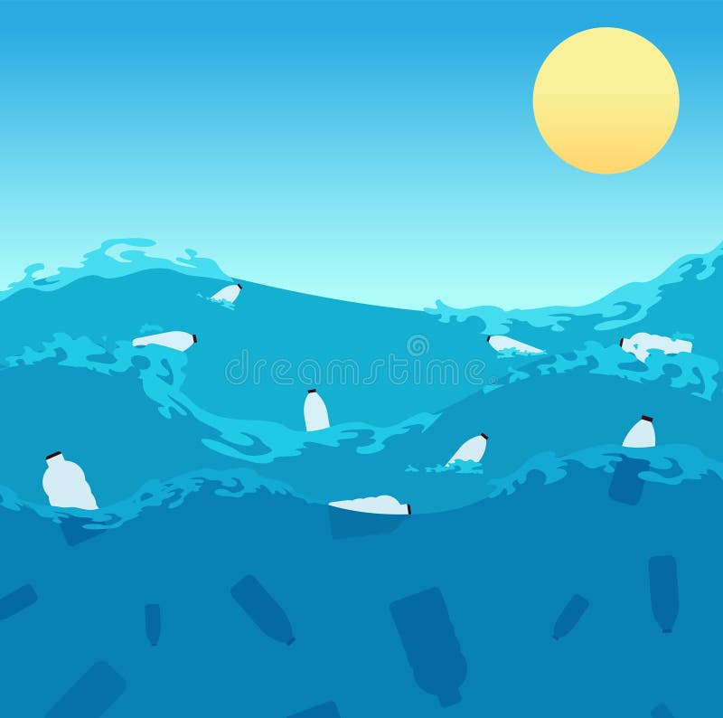 Pollution de plastique d'océan Eau de mer polluée avec des bouteilles et des poissons morts Concept de vecteur de problème d'envi illustration libre de droits Pollution de plastique d'océan Eau de mer polluée avec des bouteilles et des poissons morts Concept de vecteur de problème d'envi illustration libre de droits