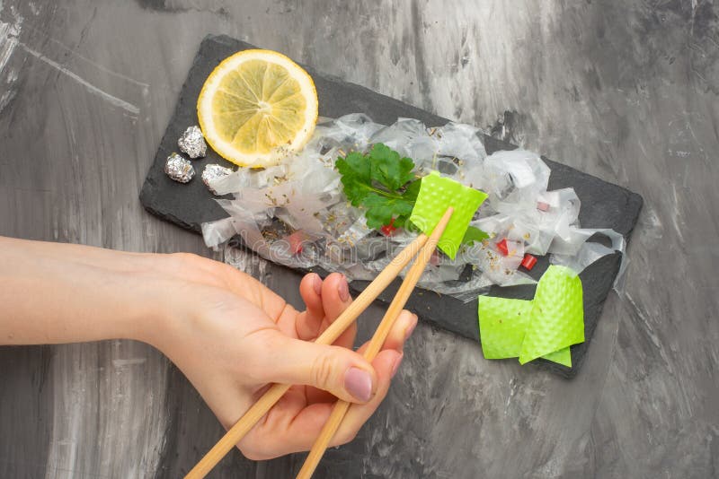 Pollution, garbage in the form of food. Dirt, problems with garbage, plastic. Concept of saving the environment, ecological royalty free stock photography