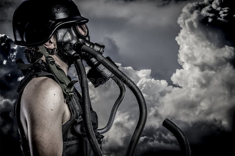 Pollution, nuclear disaster, man with gas mask, protection