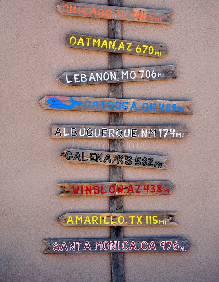 Wooden pole pointing the distance in miles to different cities through Route 66 from Chicago to Los angeles. Wooden pole pointing the distance in miles to different cities through Route 66 from Chicago to Los angeles.