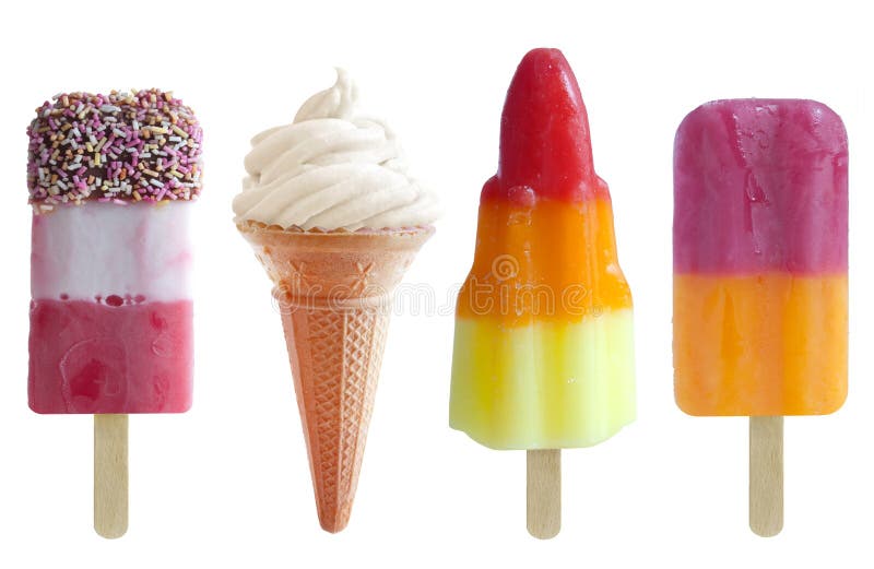 Four assorted icecream and frozen lollies over a white background. Four assorted icecream and frozen lollies over a white background