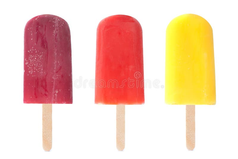 Three different flavored ice lollies over a white background. Three different flavored ice lollies over a white background