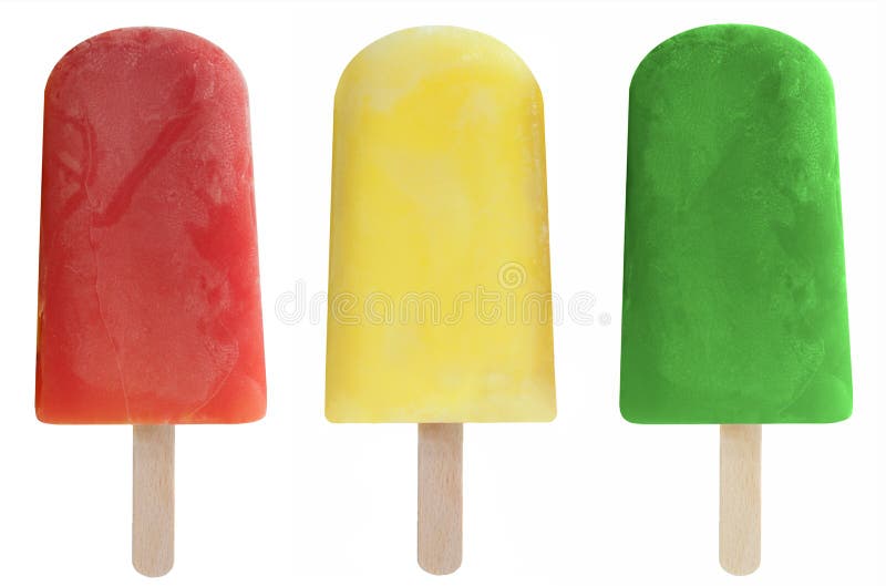 Three fruit flavored ice lollies over a white background. Three fruit flavored ice lollies over a white background