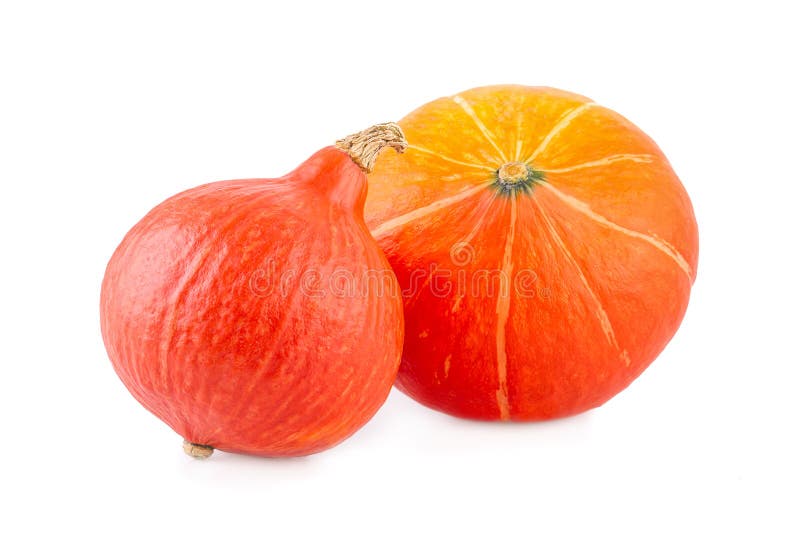 Duas abóboras Hokkaido sobre fundo branco fotos de stock royalty free