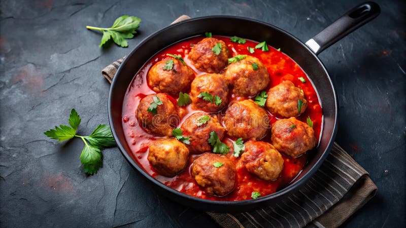 Polpette di carne che brillano in salsa ricca di pomodoro su un contropiano scuro. aizione generativa illustrazione vettoriale