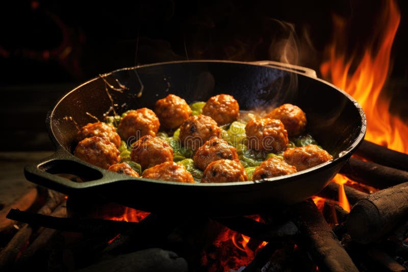 Polpette di carne che conficcano in padella illustrazione di stock