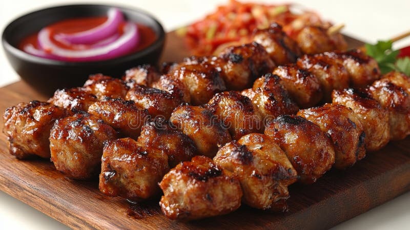Polpette di carne grigliate e succose su sciatori con fette di ketchup e cipolle su una tavola di legno royalty illustrazione gratis