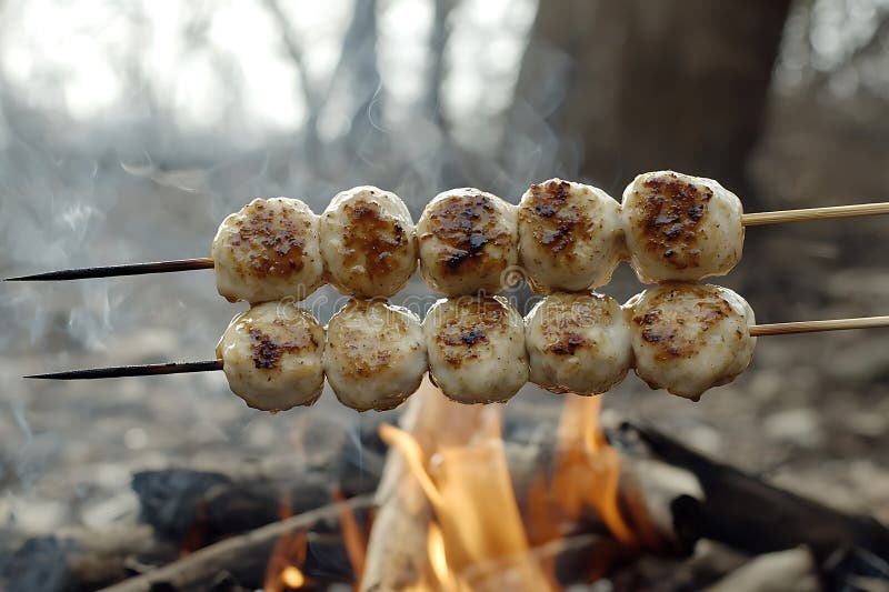 Polpette di carne grigliate sulle fogne per un campfire delizioso cucinare all'aperto illustrazione di stock