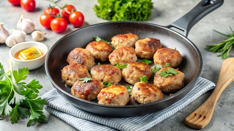 Polpette di carne di maiale fritte che conficcano in una padella circondata da erbe fresche e verdure vibranti. aizione generativa illustrazione di stock
