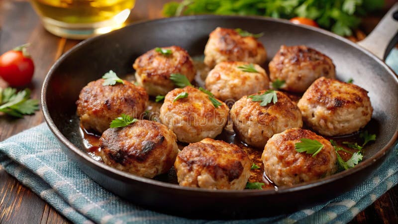 Polpette di carne di maiale fritte che sorseggiano in una matita avariata con erbe e posta su un tavolo di legno rustico. aizione royalty illustrazione gratis