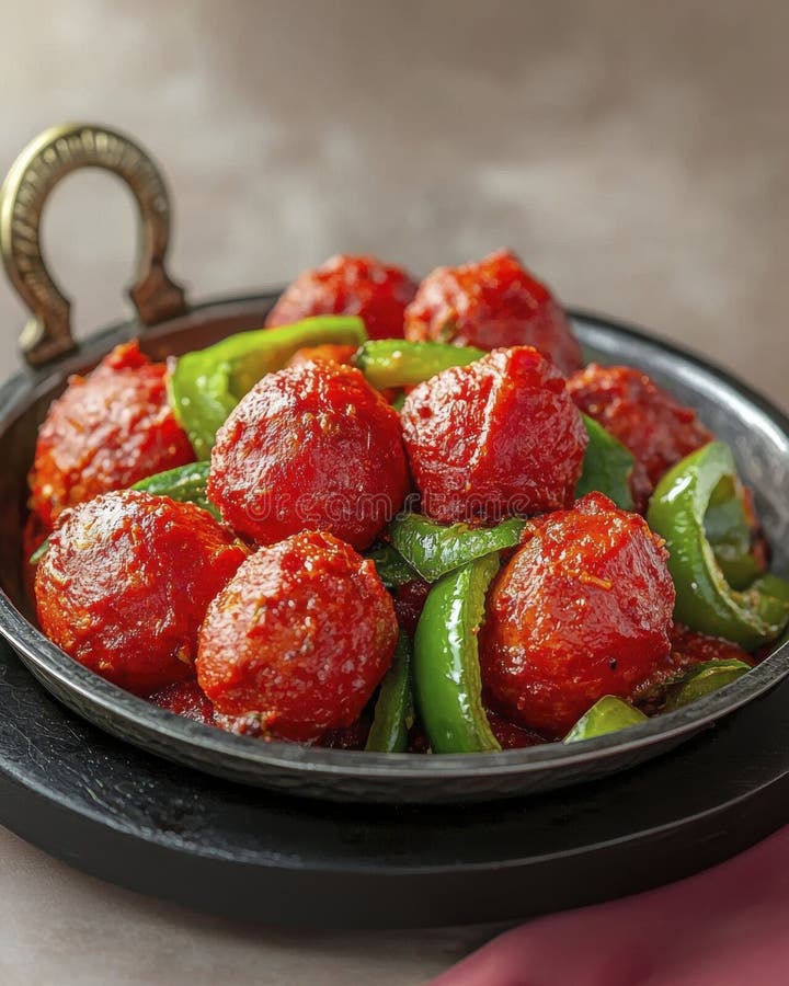 Polpette di carne rossa con peperoni verdi sulla pelle scura royalty illustrazione gratis