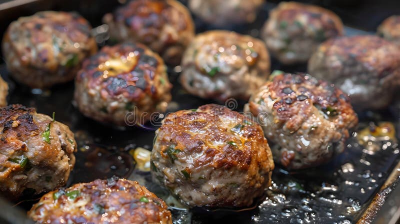 Polpette di carne succhiate in una padella calda con erbe e spezie durante una sessione di cottura royalty illustrazione gratis