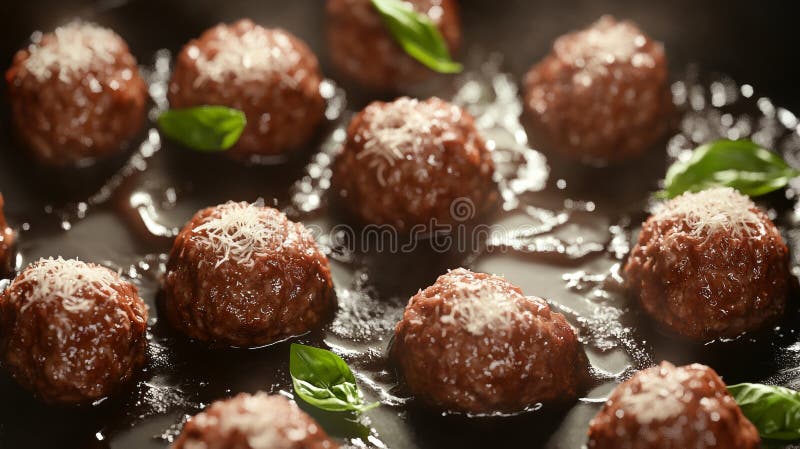 Polpette di manzo macinate e di maiale macinato in passata con parmesan e basilico illustrazione di stock