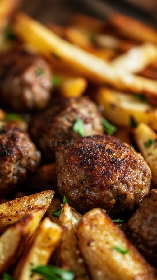 Polpette e patatine fritte servite su un piatto rustico di legno illustrazione vettoriale