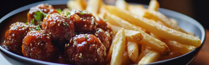 Polpette gustose con patatine fritte in un pasto confortevole illustrazione di stock