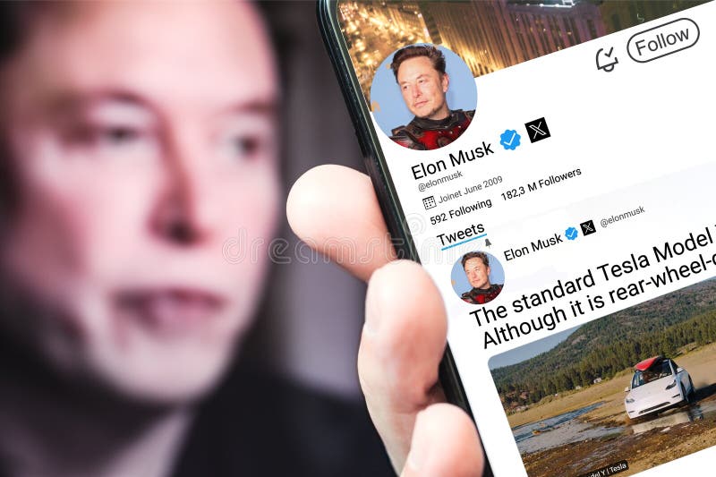 Poltava, Ukraine - 4 May, 2024: Elon Musk's Twitter profile page with a new tweet on a smartphone in his hand. Poltava, Ukraine - 4 May, 2024: Elon Musk's Twitter profile page with a new tweet on a smartphone in his hand.