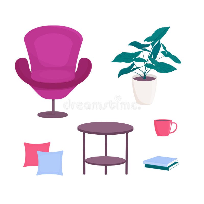 Poltrona da mobília da cadeira com o descanso e a tabela isolados no fundo branco, vetor, estilo dos desenhos animados Planta fro ilustração do vetor Poltrona da mobília da cadeira com o descanso e a tabela isolados no fundo branco, vetor, estilo dos desenhos animados Planta fro ilustração do vetor