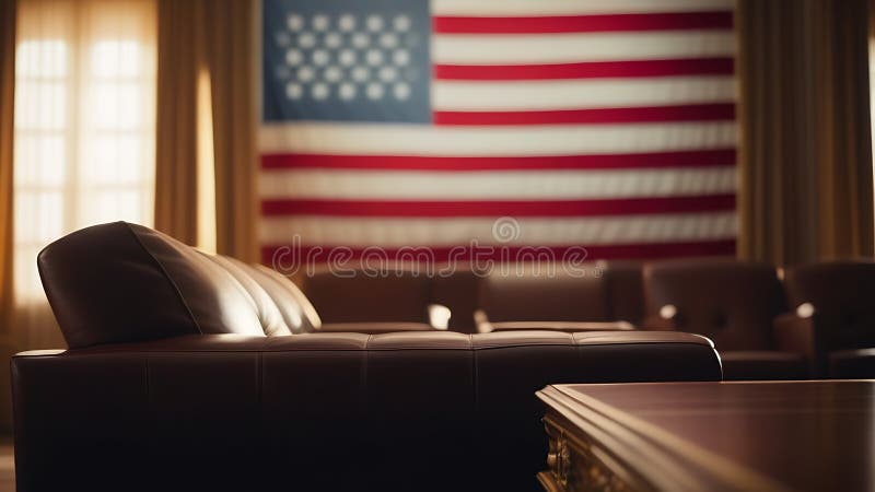 Civil servant&#x27;s office, leather chairs, American flag on background. Cabinet in government or businessman, copy space, July 4, independence day, government, usa flag AI generated. Civil servant&#x27;s office, leather chairs, American flag on background. Cabinet in government or businessman, copy space, July 4, independence day, government, usa flag AI generated