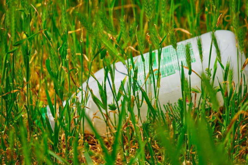 Poluição plástica, garrafa plástica branca que encontra-se na grama fresca