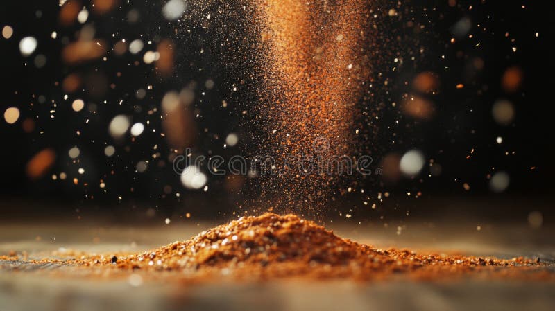 Polvere di spezia marrone in caduta sullo sfondo scuro illustrazione vettoriale