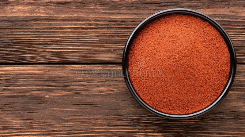Ricca polvere di spezie marrone in una ciotola nera rotonda su un tavolo di legno illustrazione di stock