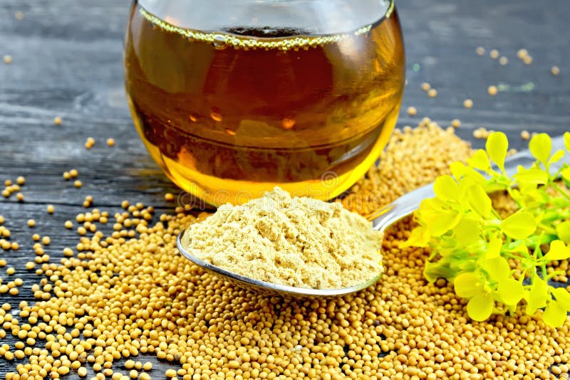 Polvo de la mostaza en cuchara con aceite en tablero negro imagen de archivo libre de regalías Polvo de la mostaza en cuchara con aceite en tablero negro imagen de archivo libre de regalías