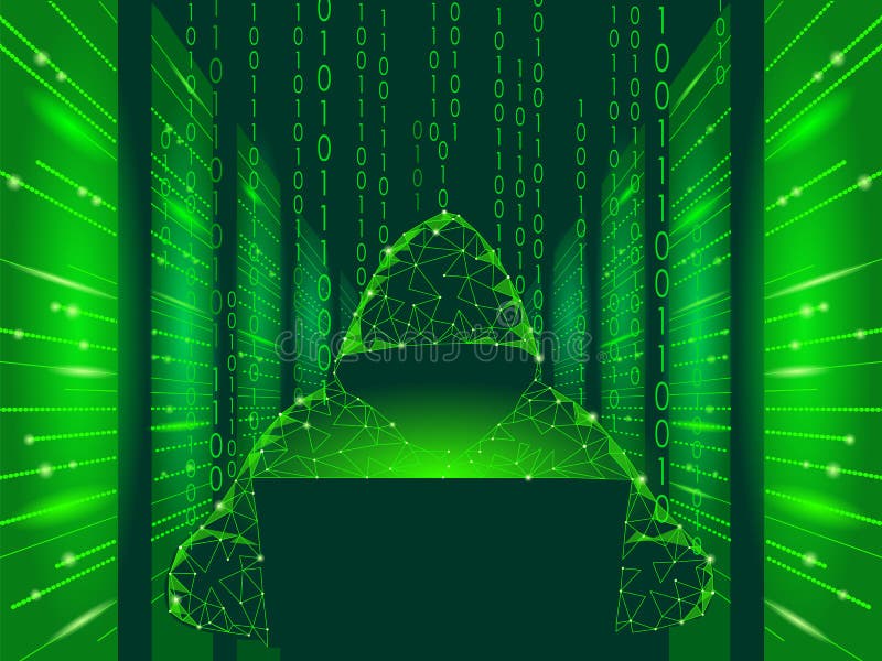 Poly affärsidé för attack för internetsäkerhetscyber lågt Den anonyma en hacker på blåtten för bärbar datordatoren finansierar fa stock illustrationer